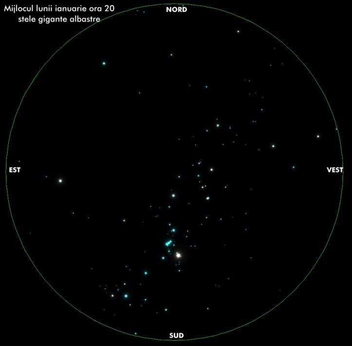 Cerul de la mijlocul lunii ianuarie, valabil toata iarna intre orele 20-24. Stelele gigante albastre Cerul de la mijlocul lunii ianuarie, valabil toata iarna intre orele 20-24. Stelele gigante albastre