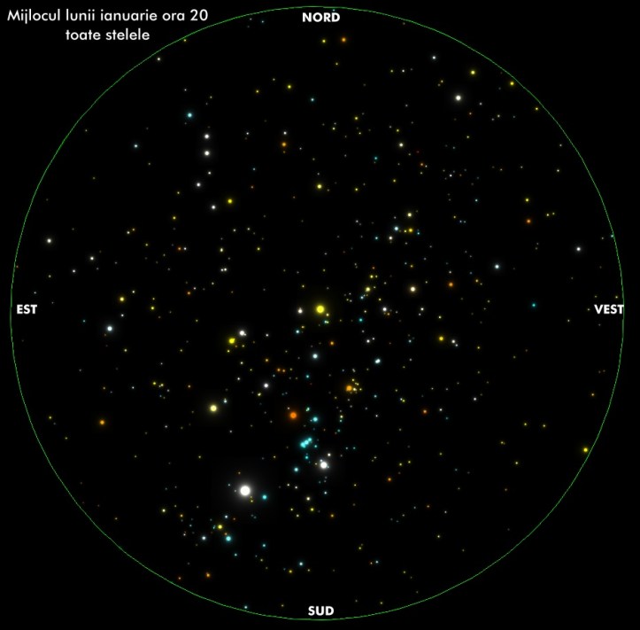 Cerul de la mijlocul lunii ianuarie, valabil toata iarna intre orele 20-24. Toate stelele fără liniile care evidențiază constelațiile Cerul de la mijlocul lunii ianuarie, valabil toata iarna intre orele 20-24. Toate stelele fără liniile care evidențiază constelațiile