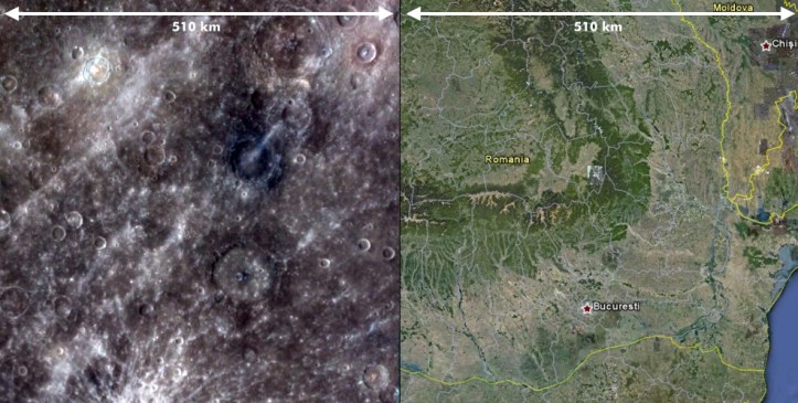 Imagine cu câmp larg și corespondentul ei pe Terra. Foto: Mercur în culori. Foto: NASA/Johns Hopkins University Applied Physics Laboratory/Carnegie Institution of Washington