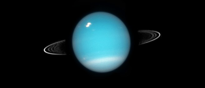 Inelele lui Uranus. Imagine luată cu telescopul spațial Hubble în 2003. Foto: NASA, ESA, and M. Showalter (SETI Institute)