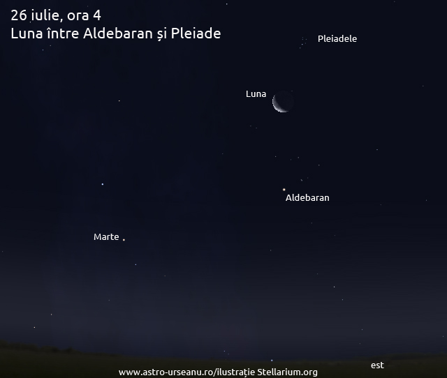 26 iulie, ora 4. Luna între Pleiade și Aldebaran