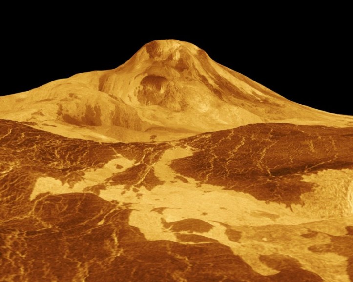 Maat Mons, cel mai înalt vulcan de pe Venus. Imagine radar obținută de sonda Magellan. Foto: NASA/JPL