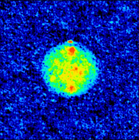 Reflexia radar a unui crater de la polul nord al planetei Mercur. Roșu inseamnă reflexie foarte bună. Poate fi apă înghețată. Observație făcută cu radiotelescopul JPL/DSN de 70 m în diametru de la Goldsonte. Foto: NRAO/AUI Reflexia radar a unui crater de la polul nord al planetei Mercur. Roșu inseamnă reflexie foarte bună. Poate fi apă înghețată. Observație făcută cu radiotelescopul JPL/DSN de 70 m în diametru de la Goldsonte. Foto: NRAO/AUI