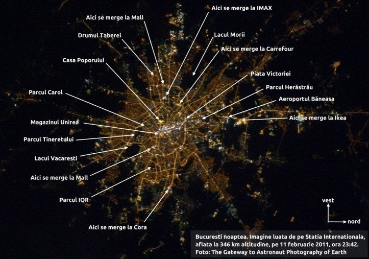 București noaptea. Imagine luată de pe Stația Internațională, aflată la 346 km altitudine, pe 11 februarie 2011, ora 23:42. Foto: The Gateway to Astronaut Photography of Earth