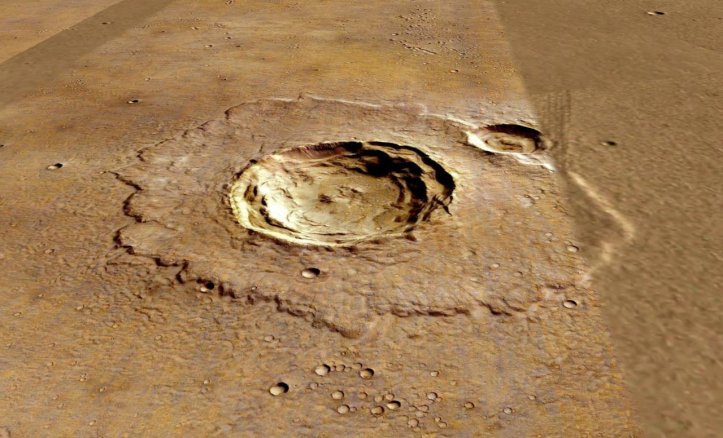 Crater marțian anonim. În jurul său vedem resturi care au curs la momentul formării. Foto: NASA/ESA Crater marțian anonim. În jurul său vedem resturi care au curs la momentul formării. Foto: NASA/ESA