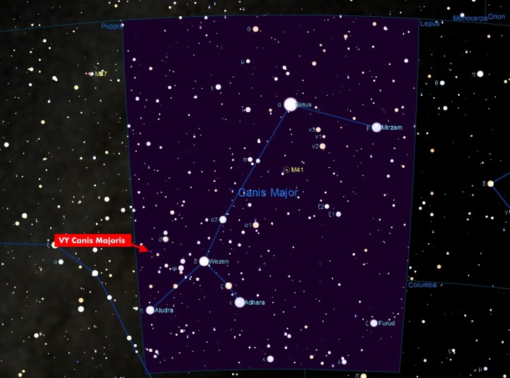 Harta pentru găsirea stelei VY Canis Majoris