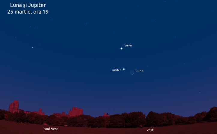 Luna lângă Jupiter, 25 martie, ora 19