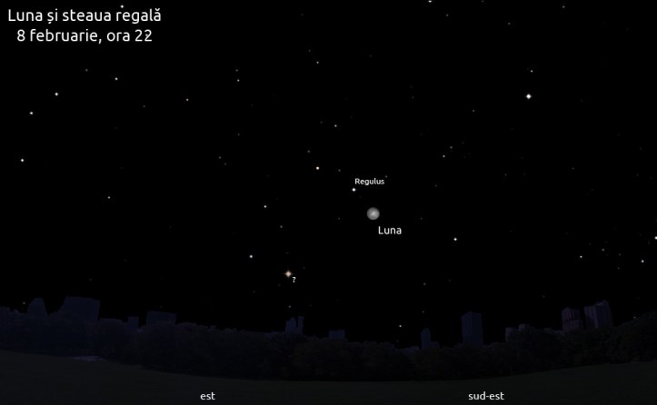 Luna și Regulus pe 8 februarie, ora 22