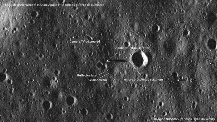 Artefacte Apollo 11 sub iluminare diferită - umbra etajului inferior. Foto: NASA/ASU/Arizona State University