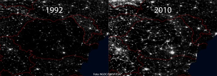 Iluminarea României. Foto: NGDC/DMSP/ESA