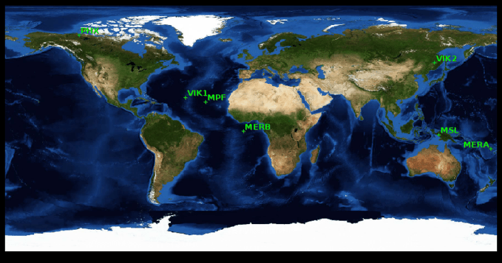 Unde s-ar afla sondele marțiene dacă ar fi asolizat pe Pământ. Harta: MARS24/NASA GISS