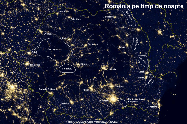 România noaptea - cer negru. Foto: NASA Earth Observatory/NOAA NGDC