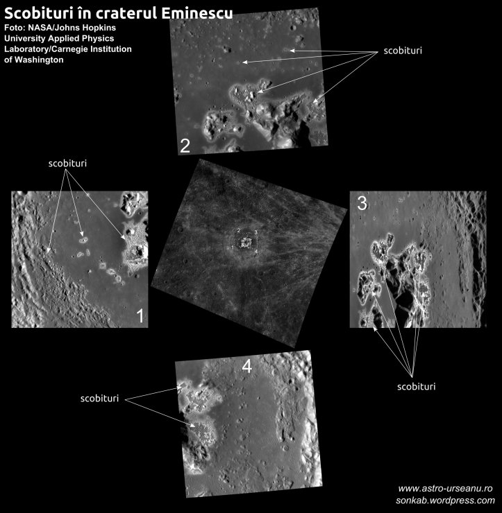 Scobituri în craterul Eminescu. Foto: NASA/Johns Hopkins University Applied Physics Laboratory/Carnegie Institution of Washington