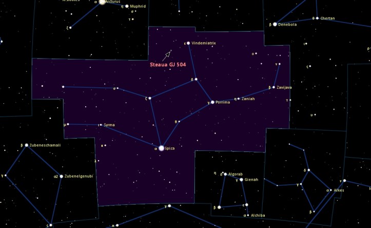 Pozitia stelei GJ 504 în constelația Virgo. Steaua se poate vedea cu ochiul liber destul de greu (magnitudine 5,2)