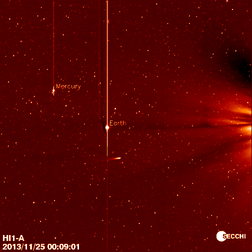 Poziția cometei ISON între 25 nov (ora 0) și 26 nov (ora 13). Imagini luate de telescopul solar spațial Stereo A