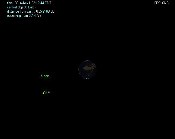 Ultimele ore din viața asteroidului 2014 AA. Animație realizată cu programul Winorsa al lui Pasquale Tricarico. Este calculată poziția asteroidului din minut în minut
