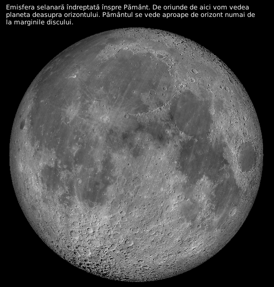 Emisfera selanară îndreptată înspre Pământ. De oriunde de aici vom vedea planeta deasupra orizontului. Pământul se vede aproape de orizont numai de  la marginile discului.