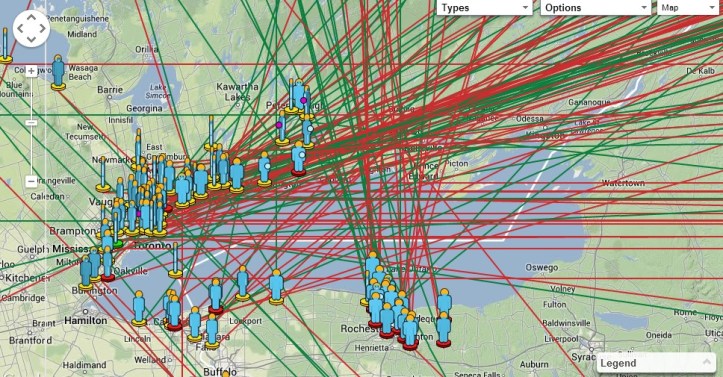 Locurile de intersecție a privirii martorilor oculari (a liniilor verzi și rosii) ne arată traiectoria obiectului