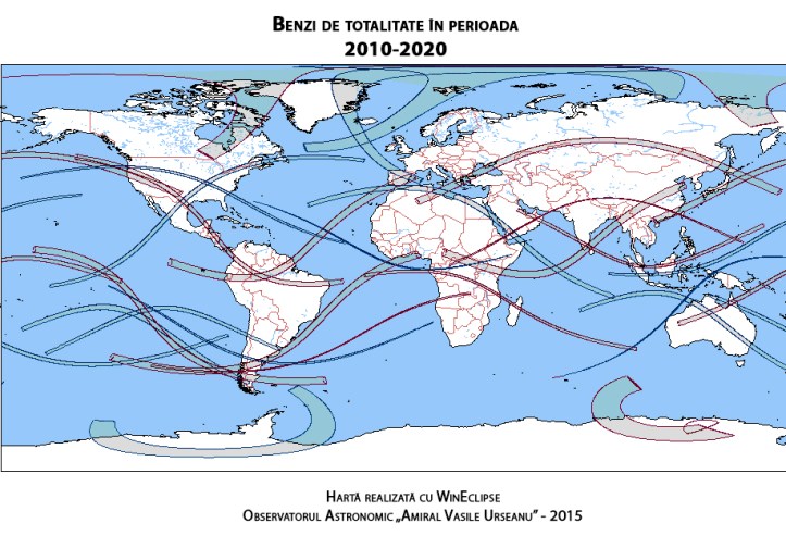 Benzi de totalitate pe glob în perioada 2010-2020. În text se explică de ce unele sunt mai groase decât altele