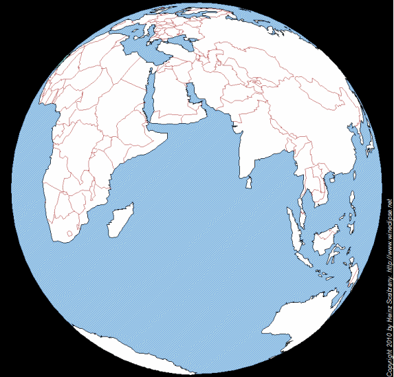 Pământul văzut de pe Soare. Se vede cum umbra Lunii se deplasează pe glob, urma ei fiind „banda de totalitate”. Partea gri mai deschisă este penumbra Lunii. Animație realizată cu softul WinEclipse