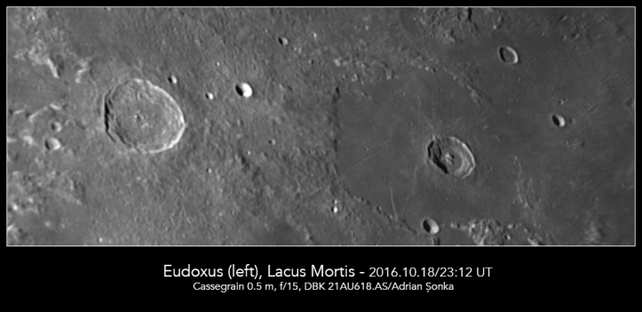 Craterul Eudoxus și regiunea Lacus Mortis. Foto: Adrian Șonka