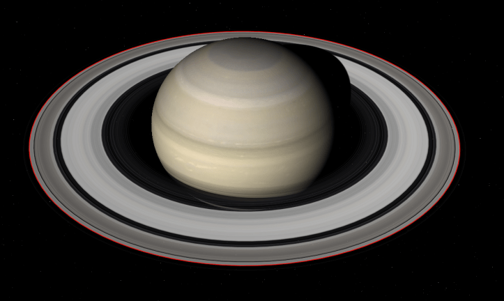 Saturn și inelul său. Cu roșu este trecută orbita satelitului Daphnis. Ilustrație: Celestia