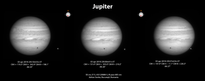 Jupiter în noaptea de 3 spre 4 aprilie 2018. Pe disc se vede umbra satelitului Europa. Satelitul se vede la stânga planetei. Foto: Adrian Șonka