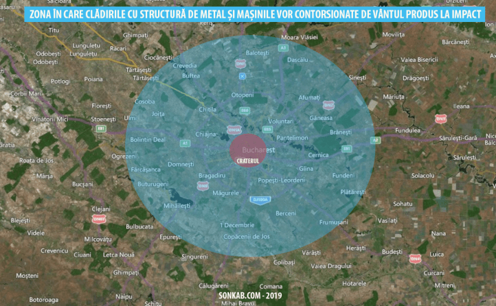 Cercul verde reprezintă zona în care vântul ar fi atât de puternic încât ar contorsiona mașinile și ar dezafecta clădirile cu structură de metal