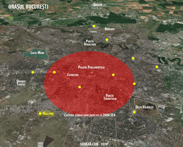 Cercul roșu reprezintă craterul care s-ar forma la impactul cu un asteroid de 450 m în diametru