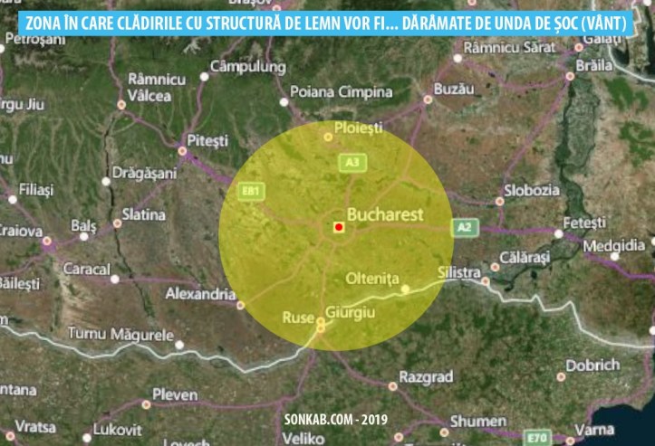 Zona în care clădirile cu structură de lemn vor fi dărâmate de unda de șoc