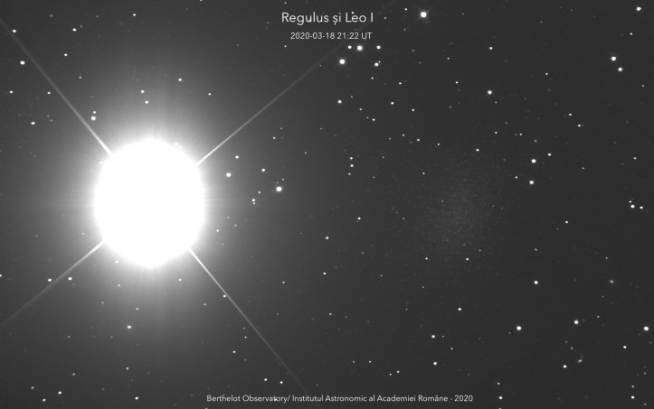 Regulus (steaua din stânga) și Leo I (pata din dreapta). Foto: Institutul Astronomic al Academiei Române/Adrian Șonka
