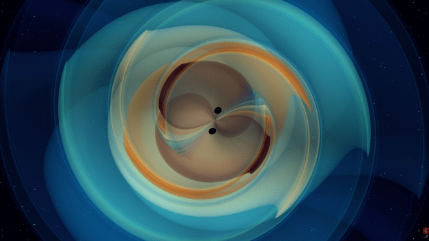 Imagine frumoasă și colorată care arată cum nu s-ar vedea coliziunea dintre două găuri negre. Imagine: N. Fischer, H. Pfeiffer, A. Buonanno (Max Planck Institute for Gravitational Physics), Simulating eXtreme Spacetimes (SXS) Collaboration
